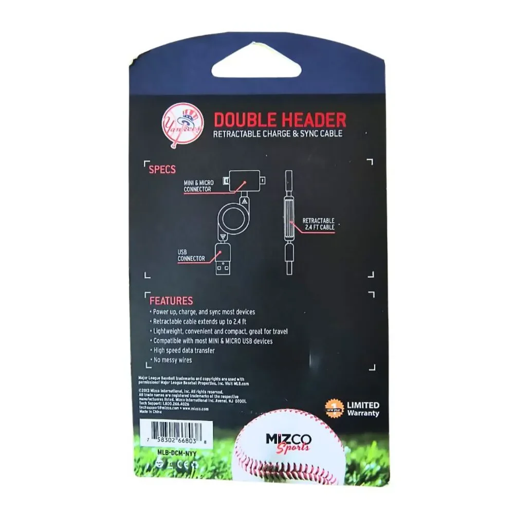 NY Yankees Double Header Micro/Mini USB Retractable Charge & Sync Cable MLB